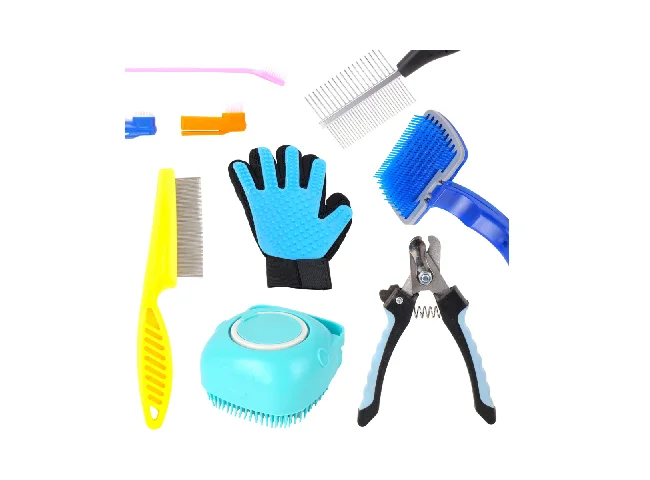 Pet Grooming Combo Kit with Slicker Brush Glove Nail Cutter and Comb Basic Comb