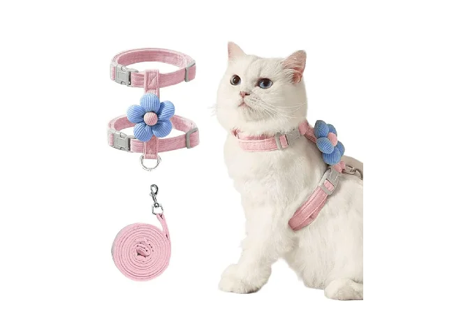 Small Cat Harness and Leash Set Cute Flower Pink Adjustable for Cats