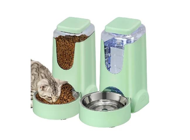 2 Pcs Automatic Cat Feeder and Water Dispenser with Stainless Steel Dog Plastic Pet Bowl & Bottle