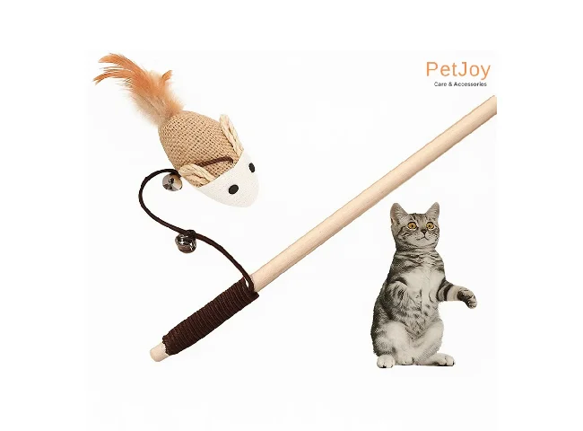 Cat Toy Teaser Playing Stick with Feathers, Wood Wand Toy, Mouse Bell